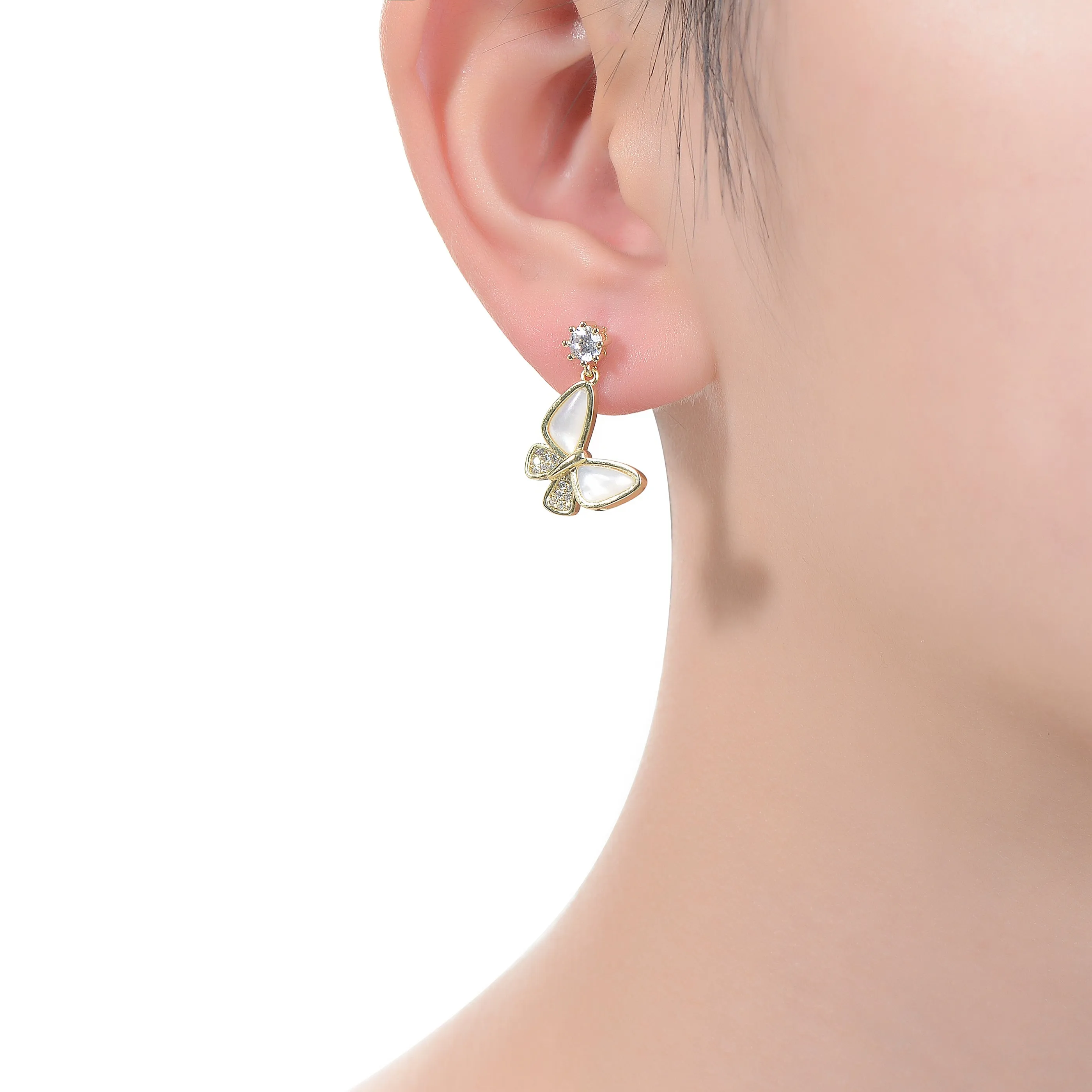 14K Gold Plated Cubic Zirconia Butterfly Drop Earrings