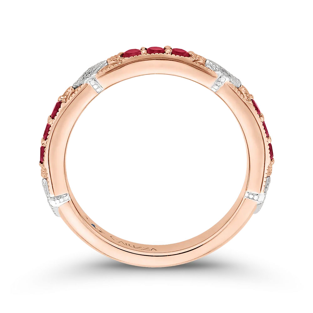 14K Two Tone Gold Round Diamond and Ruby Wedding Band