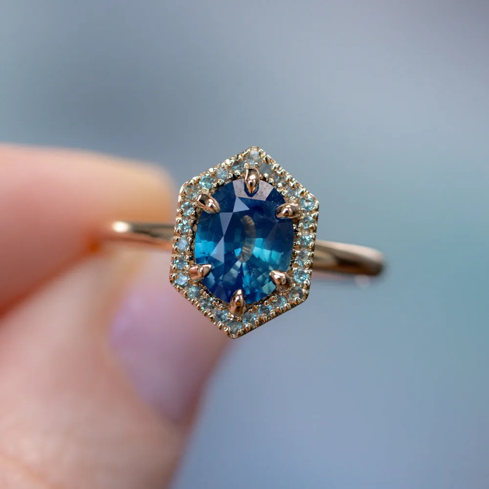 1.57ct Oval Teal Parti Sapphire and Alexandrite Hexagon Stackable Halo in 14k Yellow Gold