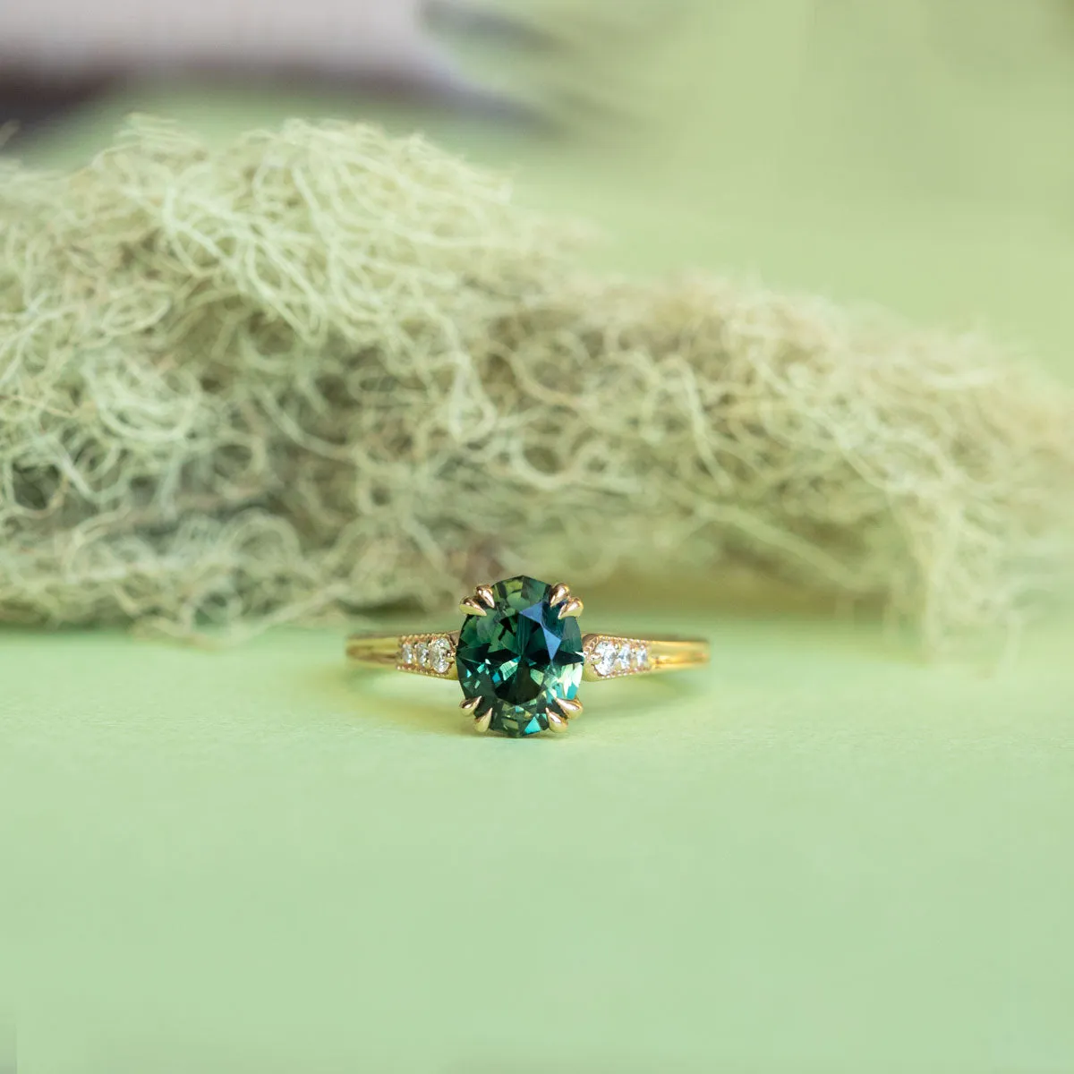 1.80ct Oval Nigerian Parti Sapphire Vintage Cathedral Ring in 14k Yellow Gold