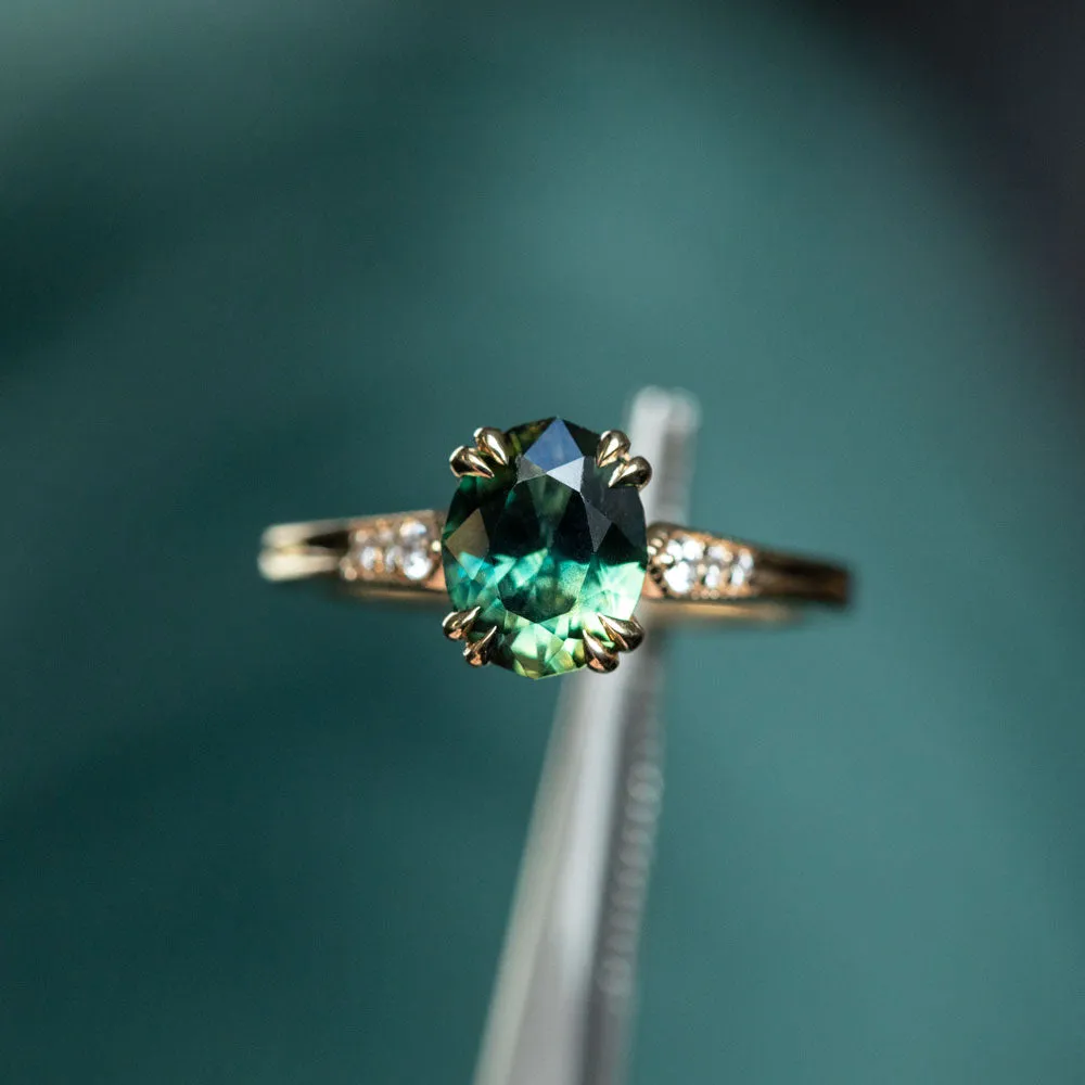 1.80ct Oval Nigerian Parti Sapphire Vintage Cathedral Ring in 14k Yellow Gold