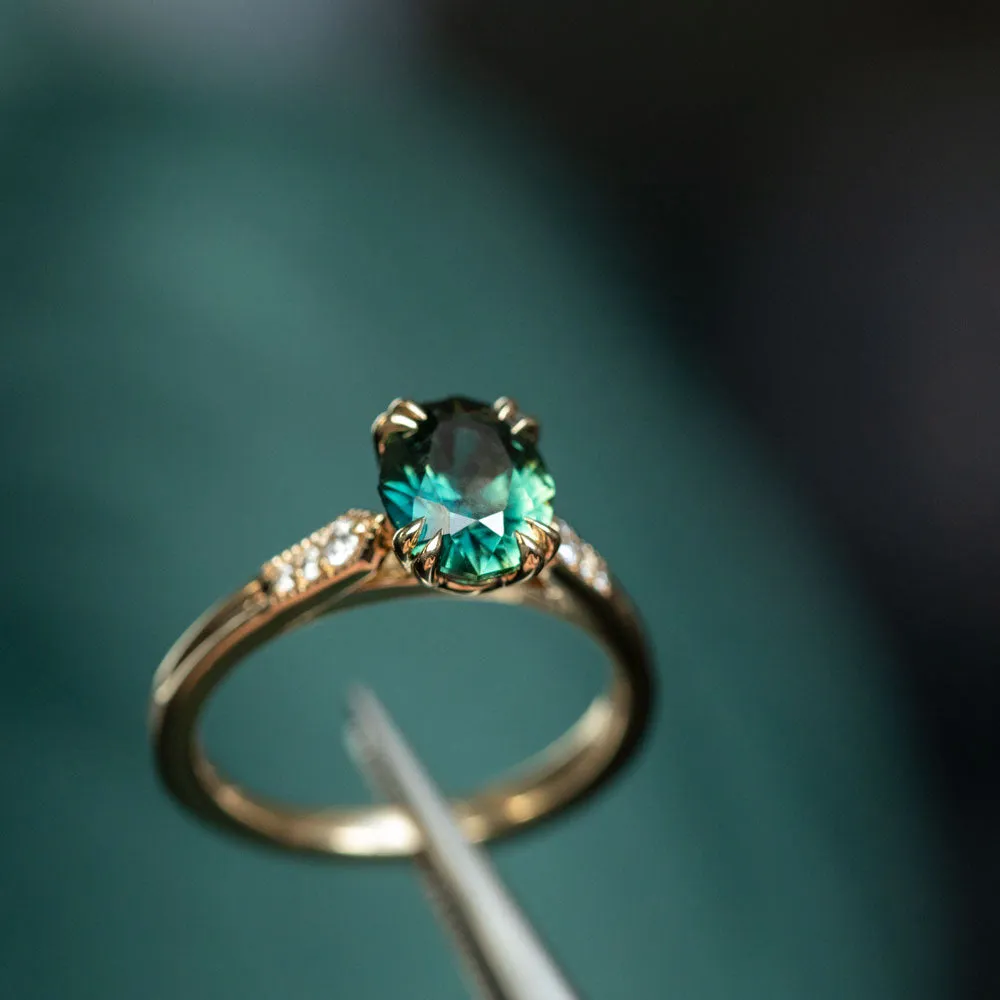 1.80ct Oval Nigerian Parti Sapphire Vintage Cathedral Ring in 14k Yellow Gold