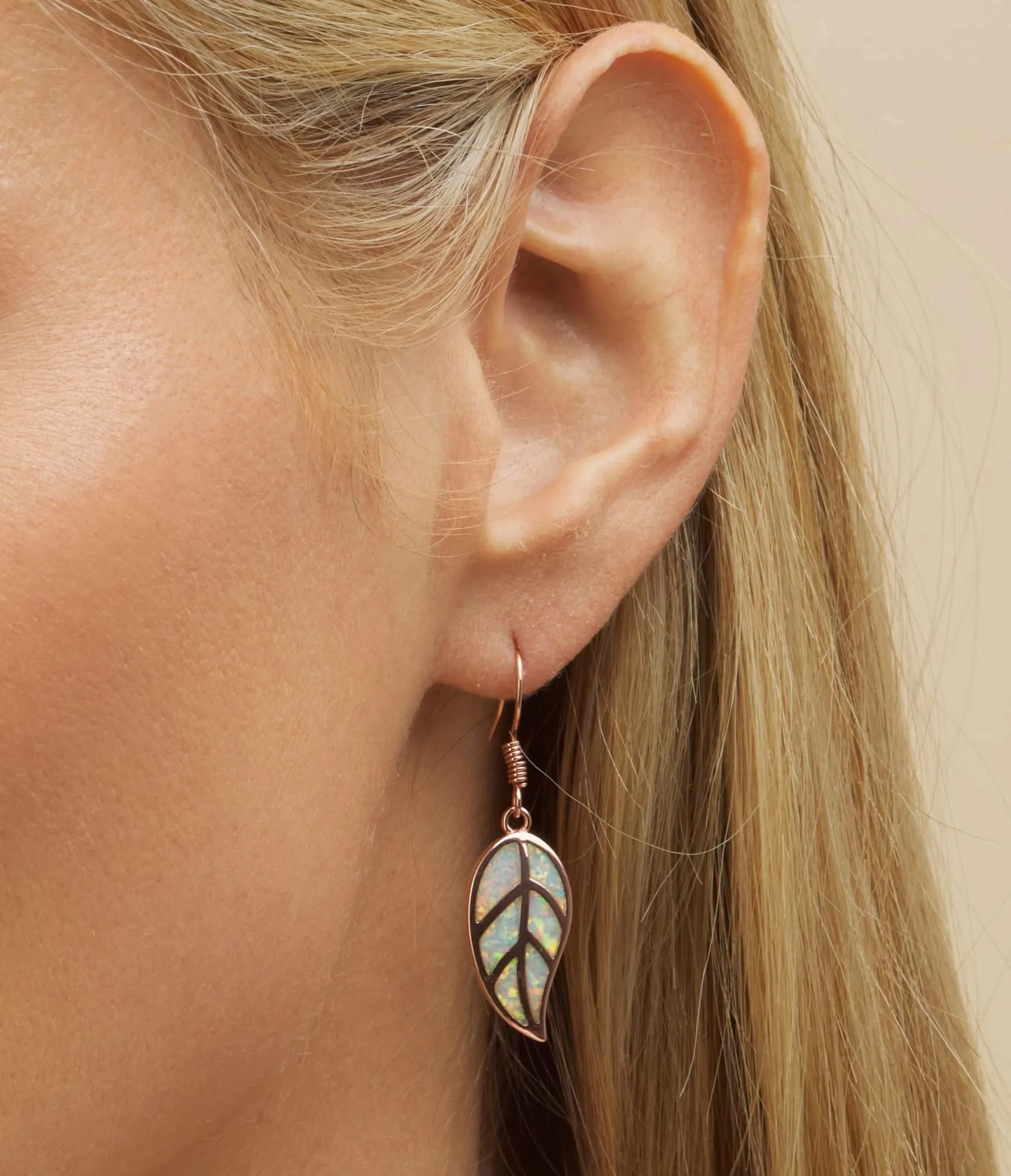 18K Rose Gold Plated Opal Leaf Dangling Earrings