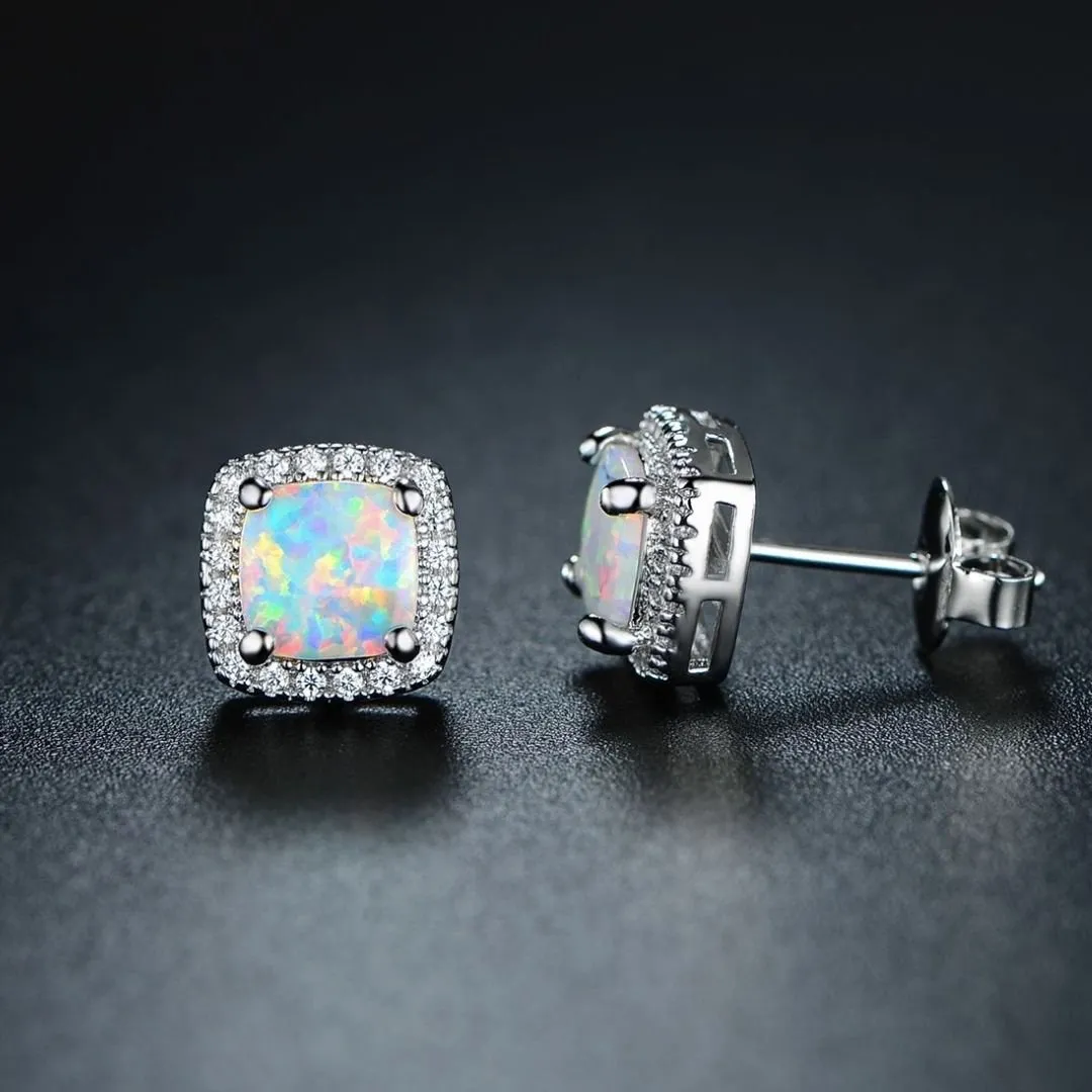 18K White Gold Plated Opal Stud Earrings