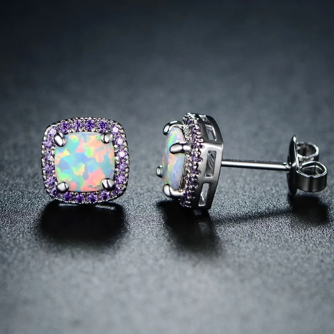18K White Gold Plated Opal Stud Earrings