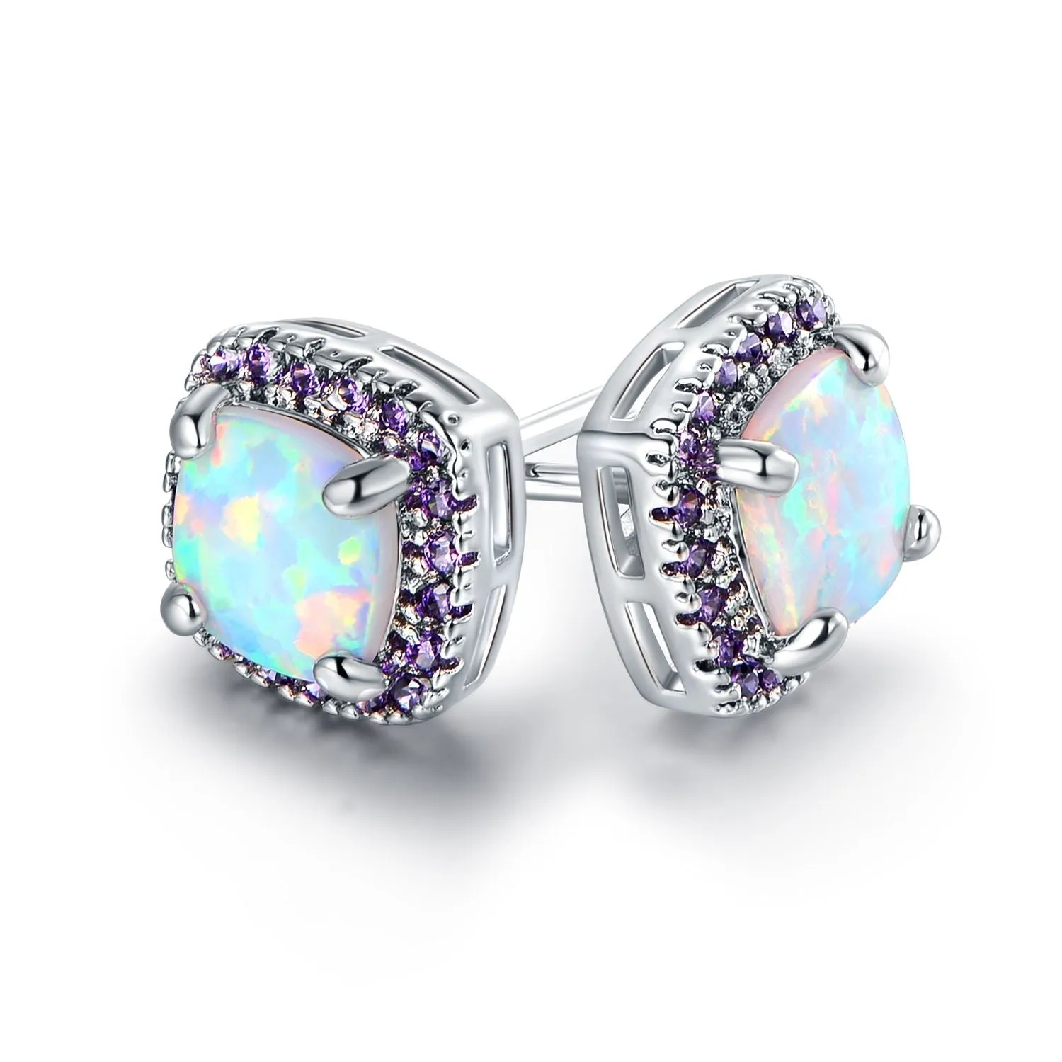 18K White Gold Plated Opal Stud Earrings