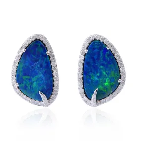 18K White Gold Prong Opal Doublet Pave Natural Diamond Stud Earrings