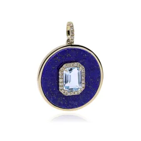 18K YELLOW GOLD SKY BLUE TOPAZ LAPIS LAZULI AND DIAMOND MEDALLION PENDANT