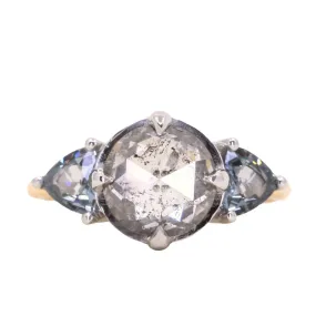 2.01ct Rosecut Salt & Pepper Diamond and Spinel Three Stone Antique Style Low Profile Ring in two-tone 18k Yellow and Platinum
