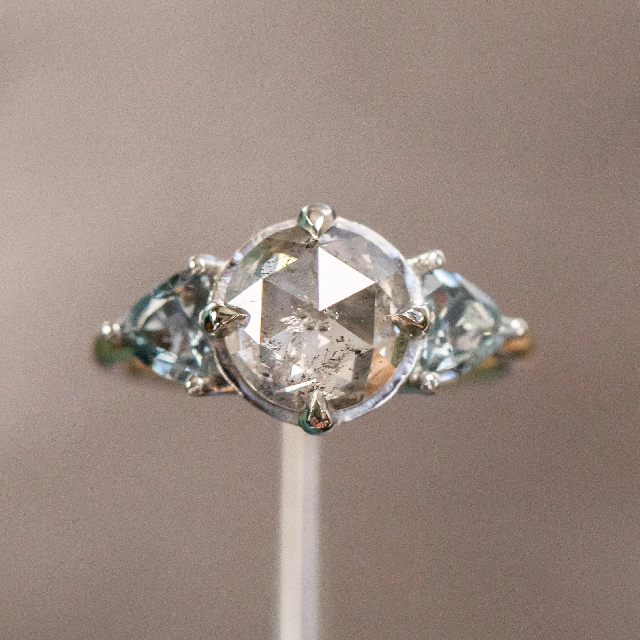 2.01ct Rosecut Salt & Pepper Diamond and Spinel Three Stone Antique Style Low Profile Ring in two-tone 18k Yellow and Platinum