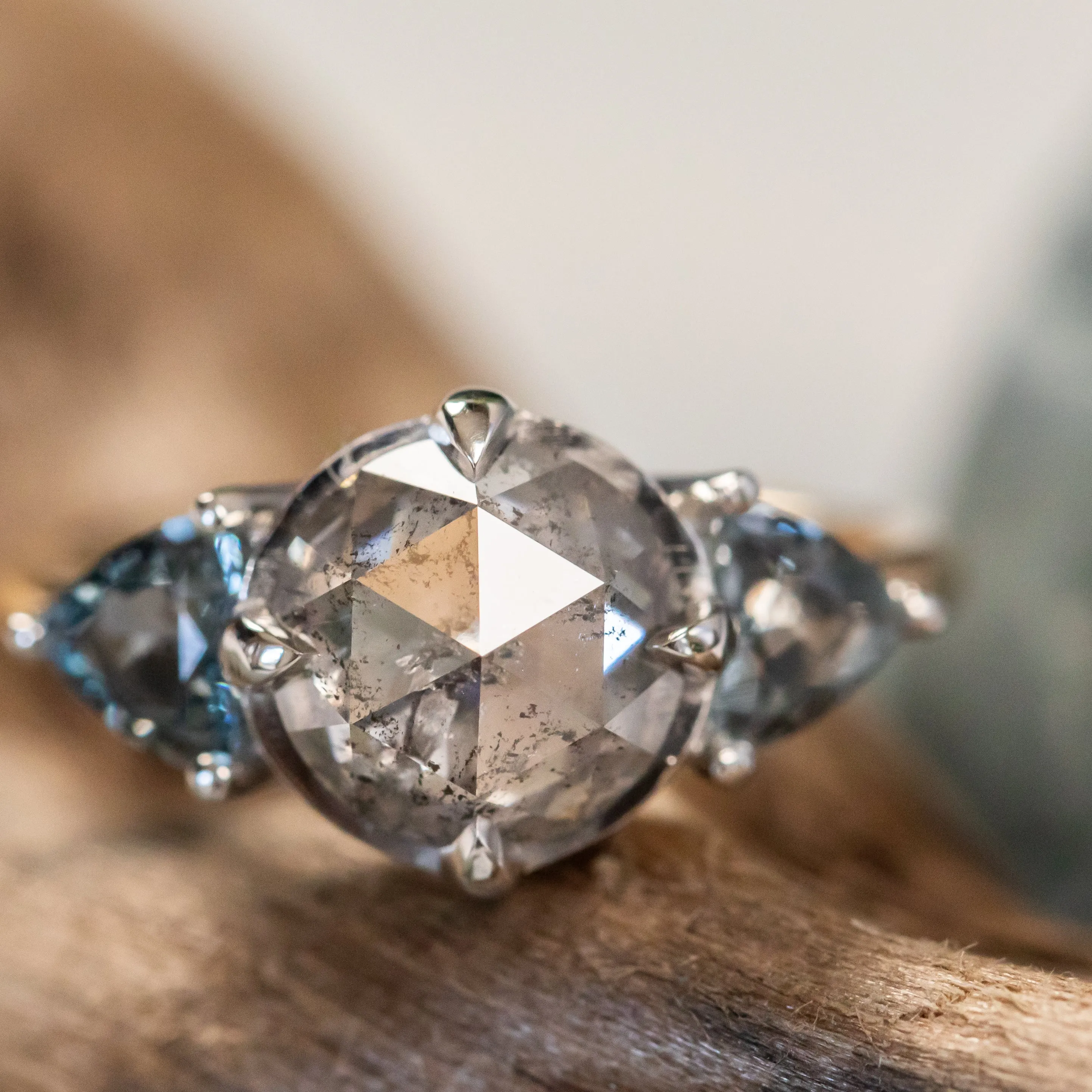 2.01ct Rosecut Salt & Pepper Diamond and Spinel Three Stone Antique Style Low Profile Ring in two-tone 18k Yellow and Platinum