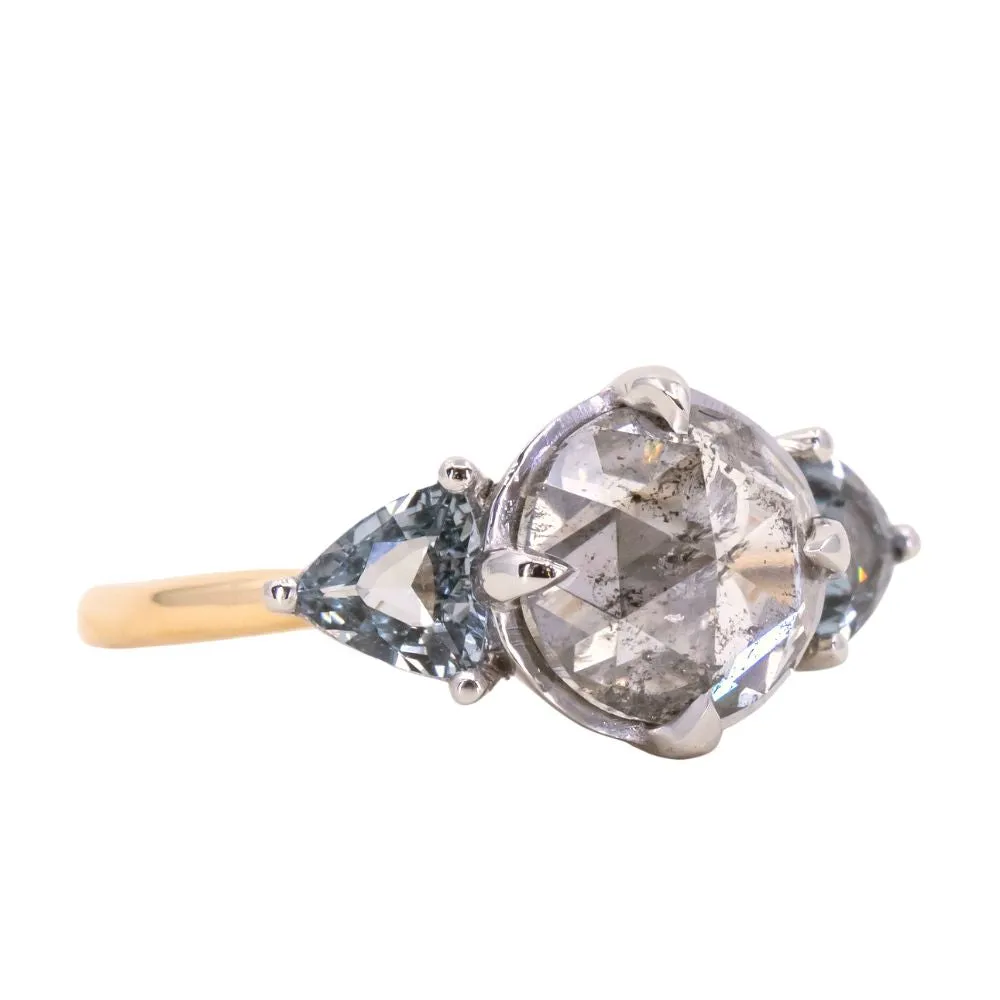 2.01ct Rosecut Salt & Pepper Diamond and Spinel Three Stone Antique Style Low Profile Ring in two-tone 18k Yellow and Platinum