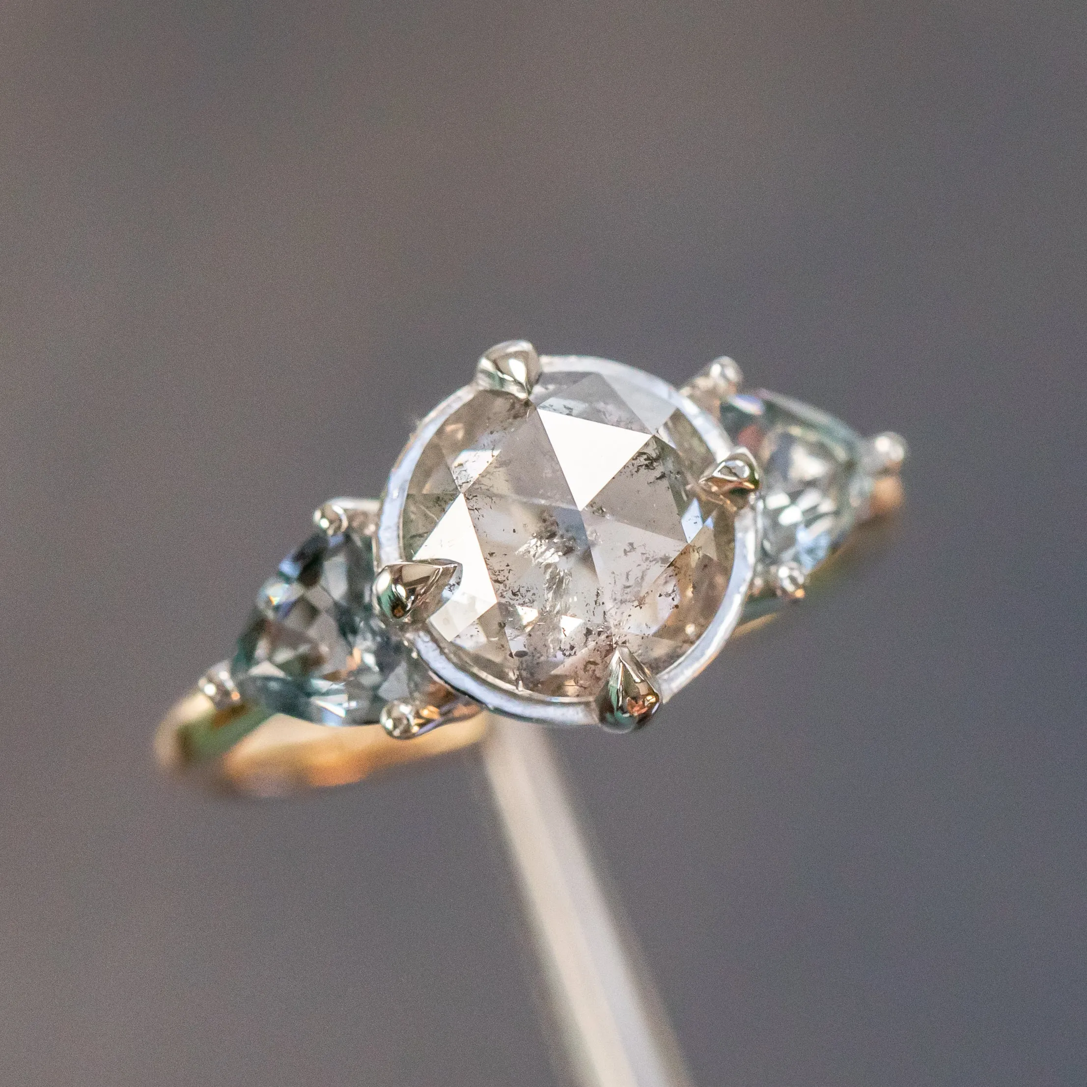 2.01ct Rosecut Salt & Pepper Diamond and Spinel Three Stone Antique Style Low Profile Ring in two-tone 18k Yellow and Platinum