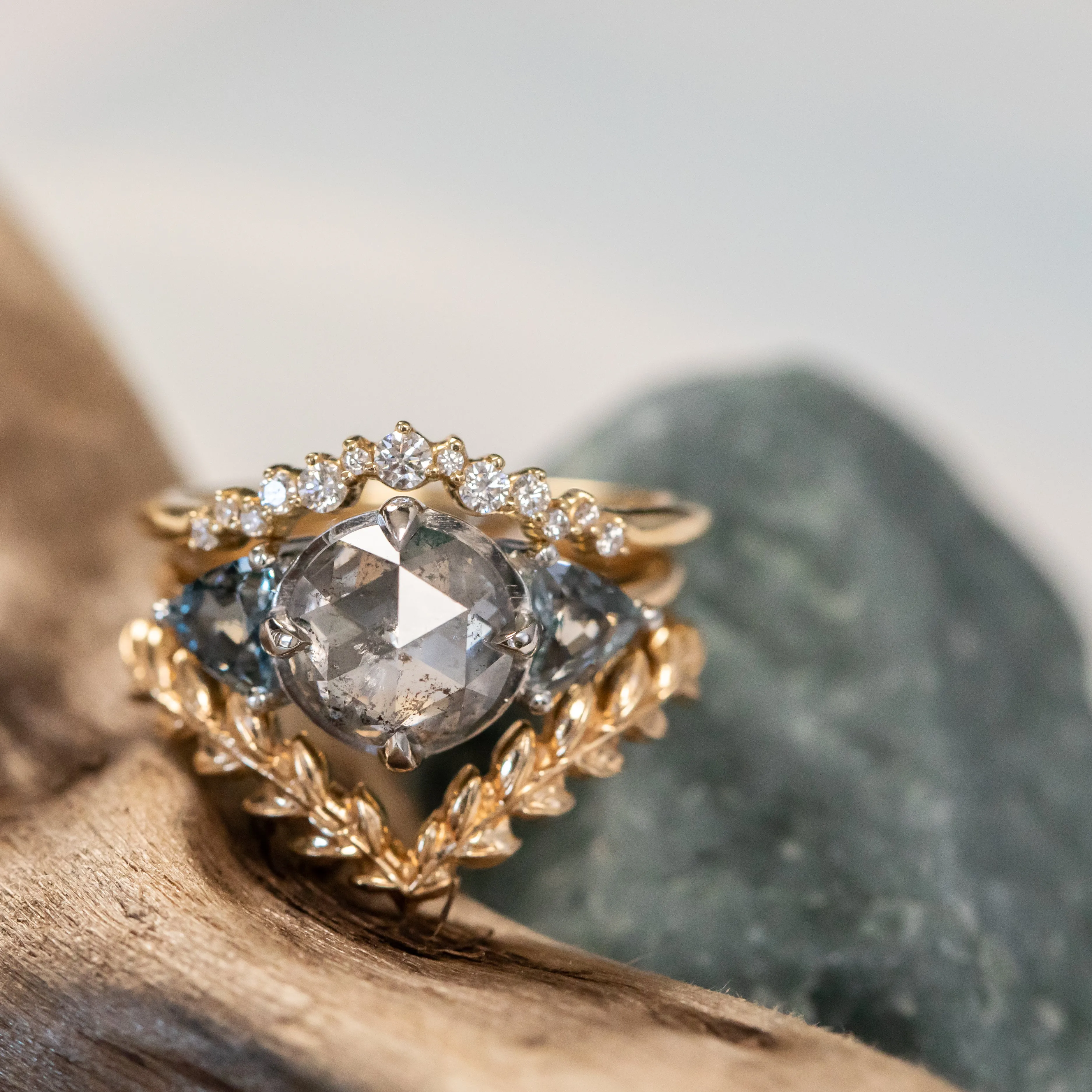 2.01ct Rosecut Salt & Pepper Diamond and Spinel Three Stone Antique Style Low Profile Ring in two-tone 18k Yellow and Platinum