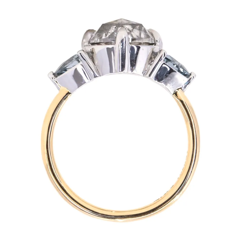 2.01ct Rosecut Salt & Pepper Diamond and Spinel Three Stone Antique Style Low Profile Ring in two-tone 18k Yellow and Platinum