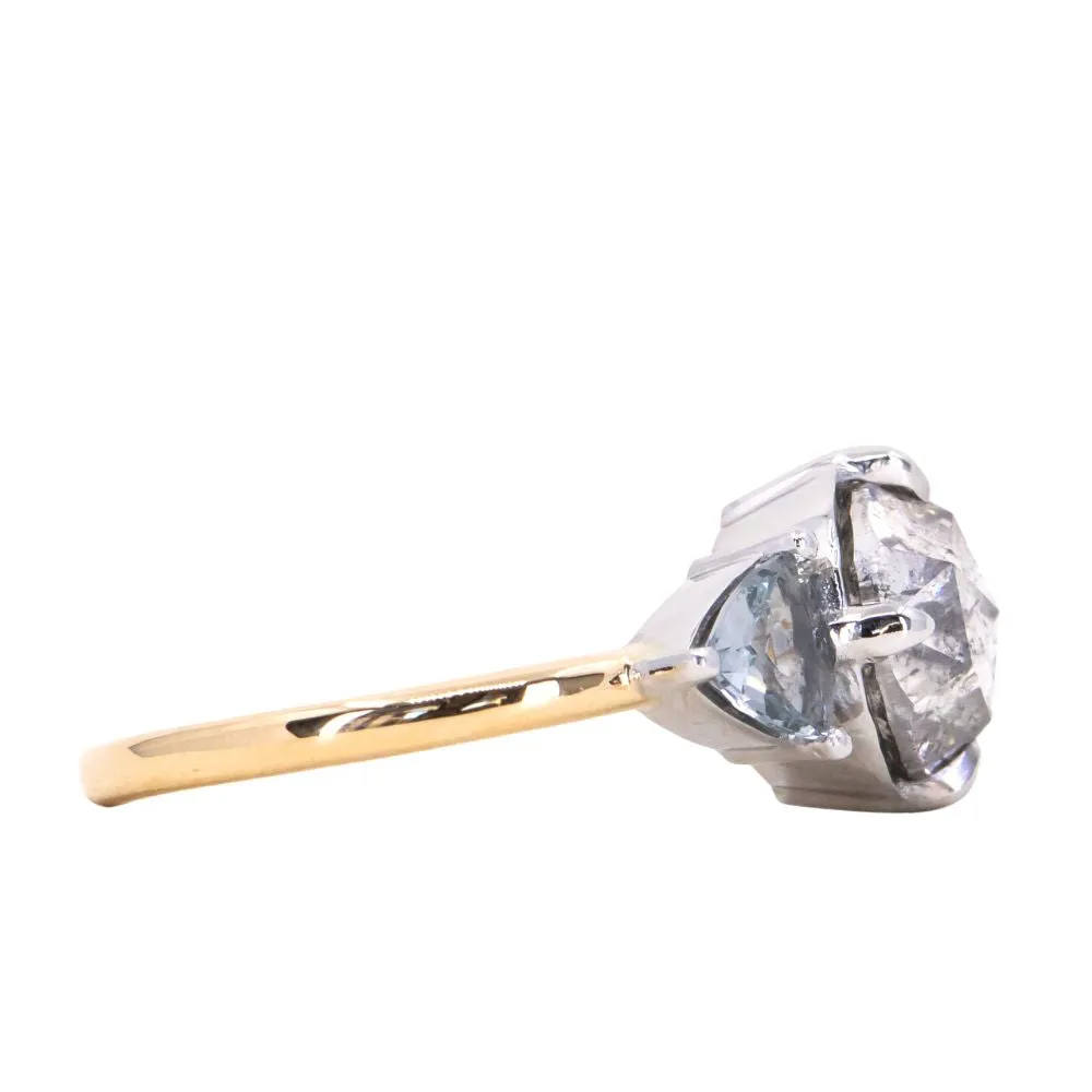 2.01ct Rosecut Salt & Pepper Diamond and Spinel Three Stone Antique Style Low Profile Ring in two-tone 18k Yellow and Platinum