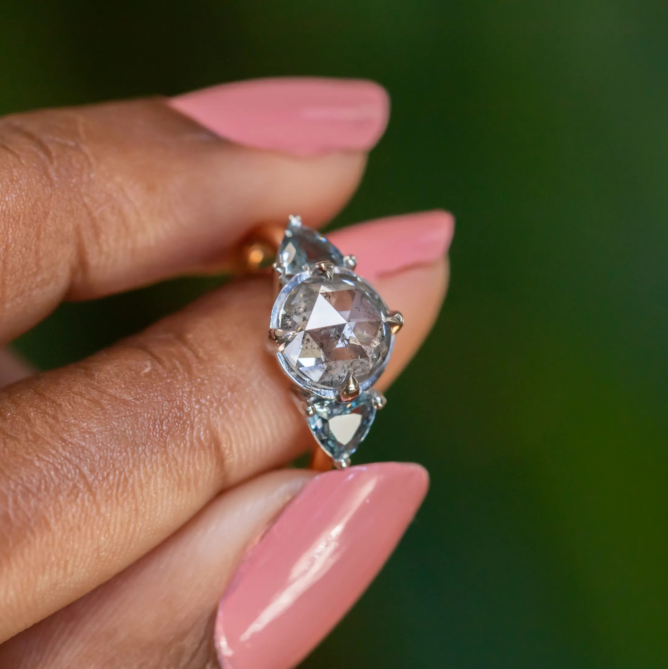 2.01ct Rosecut Salt & Pepper Diamond and Spinel Three Stone Antique Style Low Profile Ring in two-tone 18k Yellow and Platinum