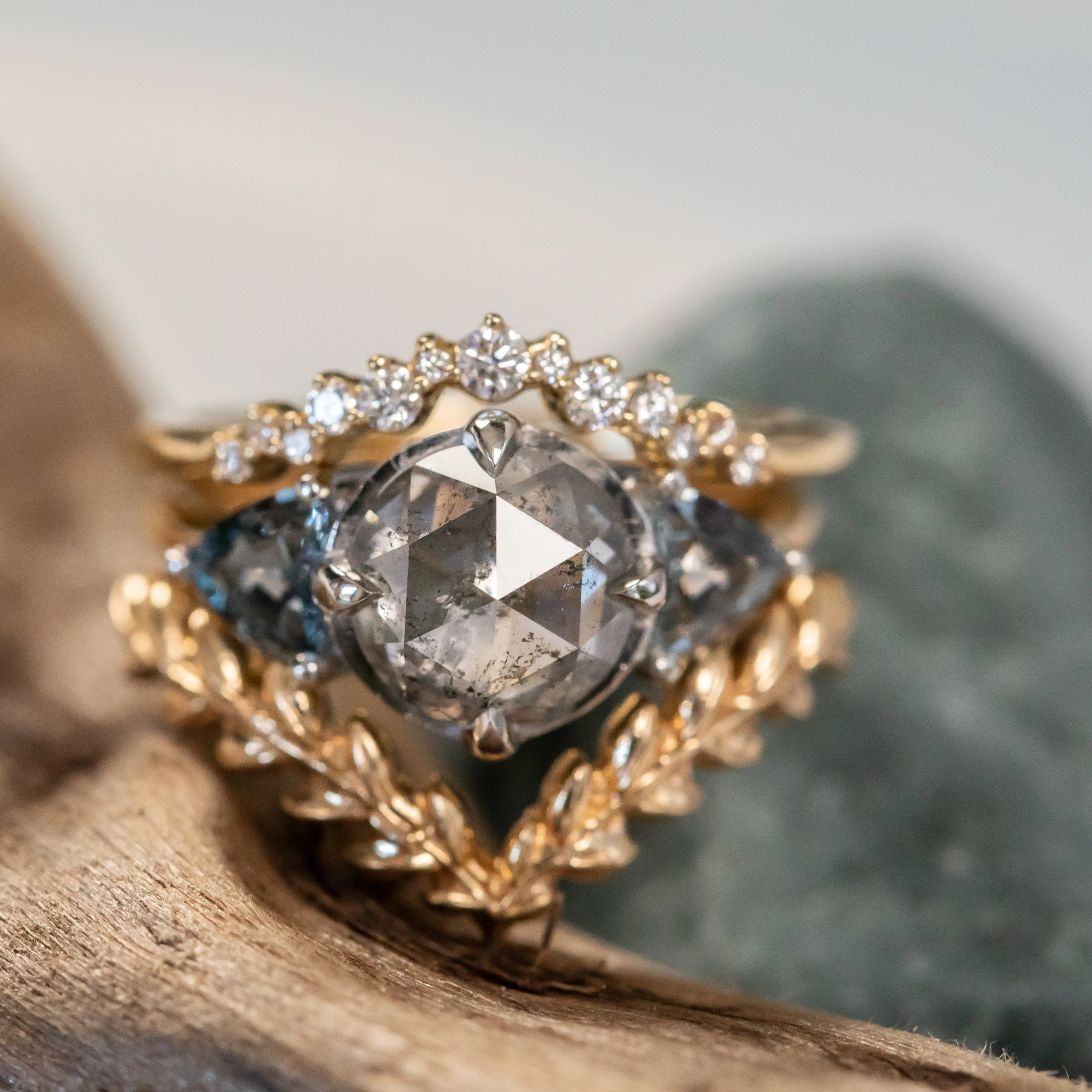 2.01ct Rosecut Salt & Pepper Diamond and Spinel Three Stone Antique Style Low Profile Ring in two-tone 18k Yellow and Platinum