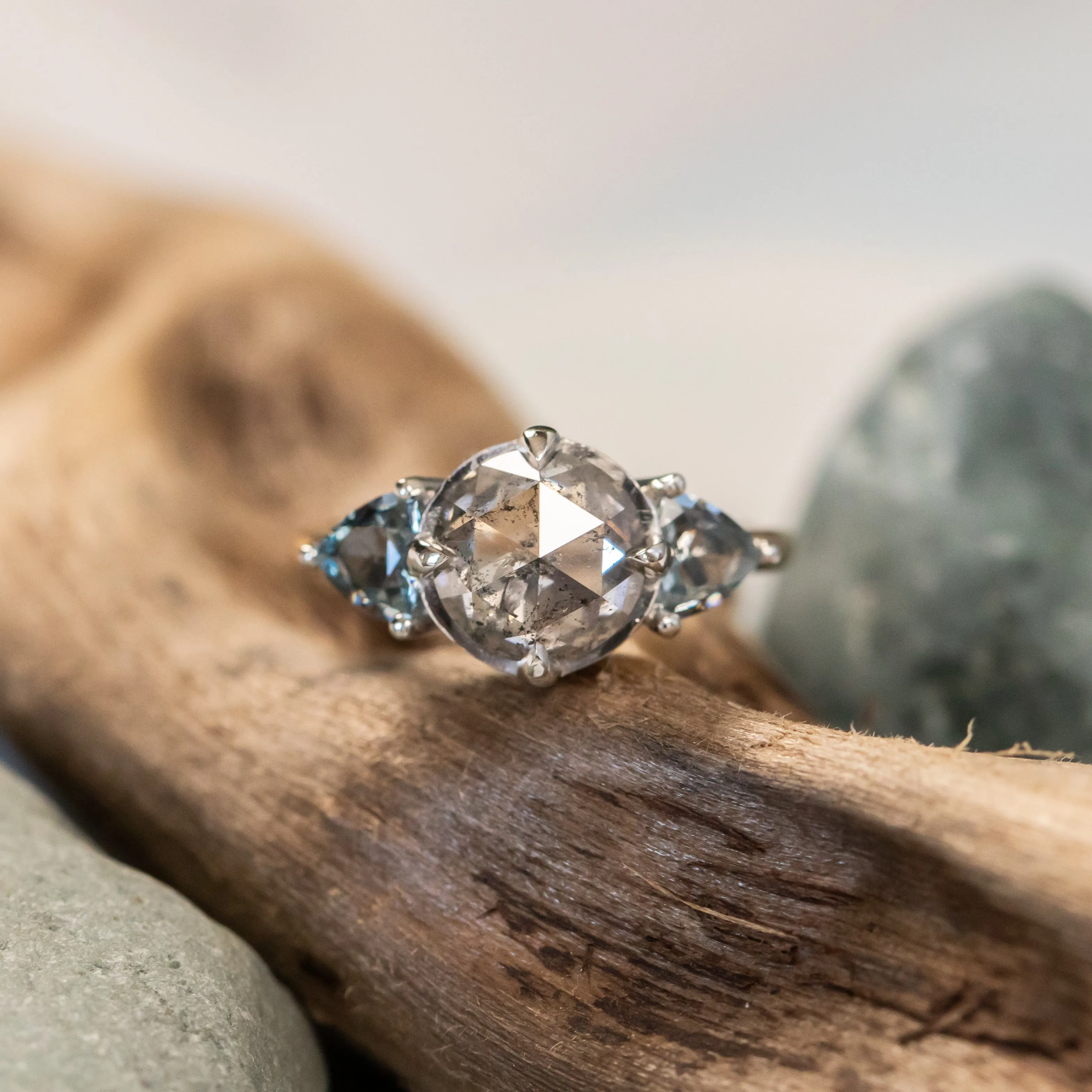2.01ct Rosecut Salt & Pepper Diamond and Spinel Three Stone Antique Style Low Profile Ring in two-tone 18k Yellow and Platinum
