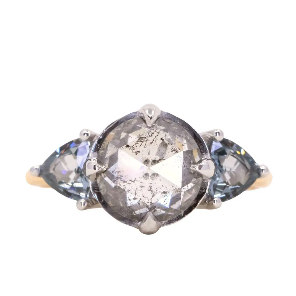 2.01ct Rosecut Salt & Pepper Diamond and Spinel Three Stone Antique Style Low Profile Ring in two-tone 18k Yellow and Platinum
