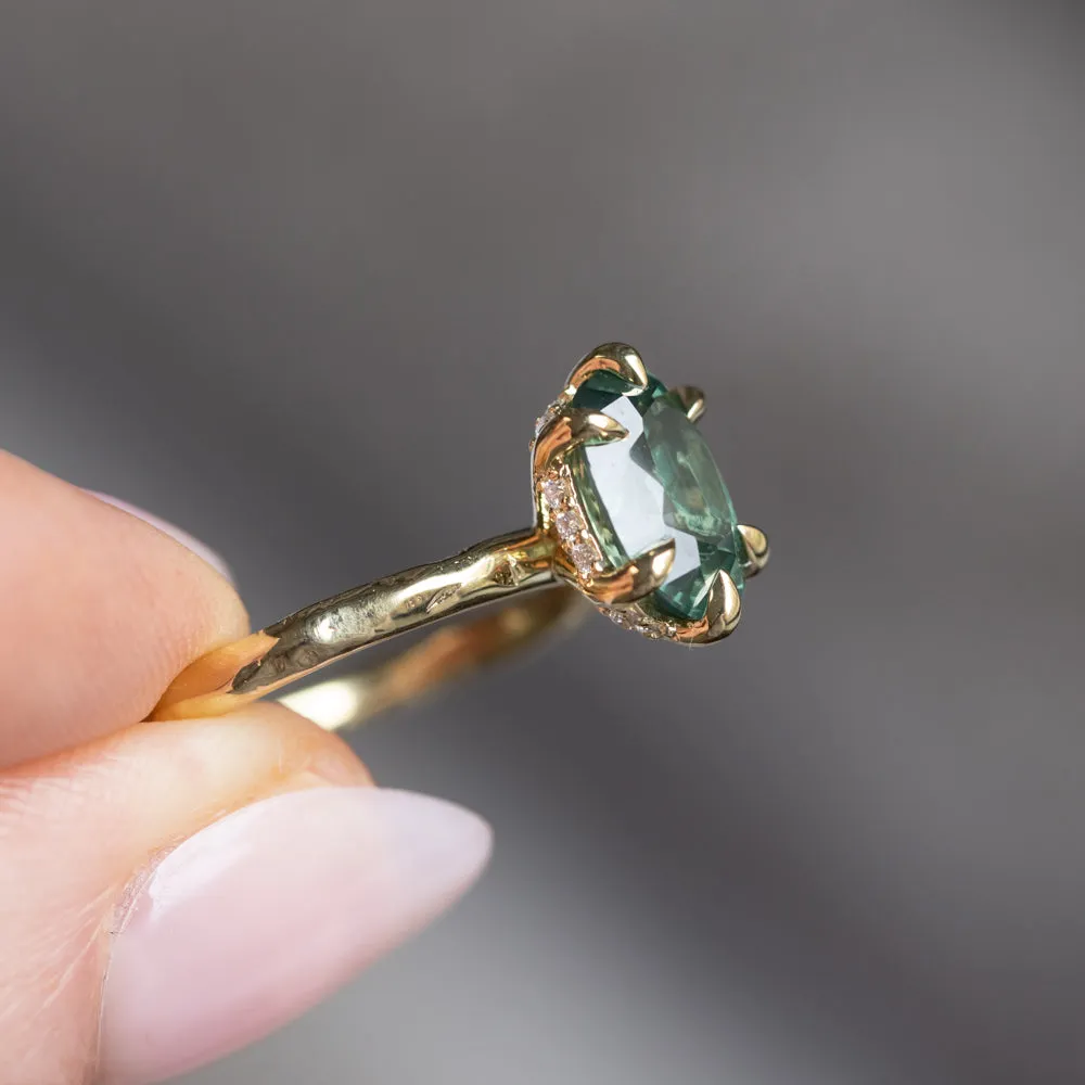 2.55ct Silky Teal Australian Oval Sapphire Six Prong Evergreen Hidden Halo Solitaire in 18k Yellow Gold