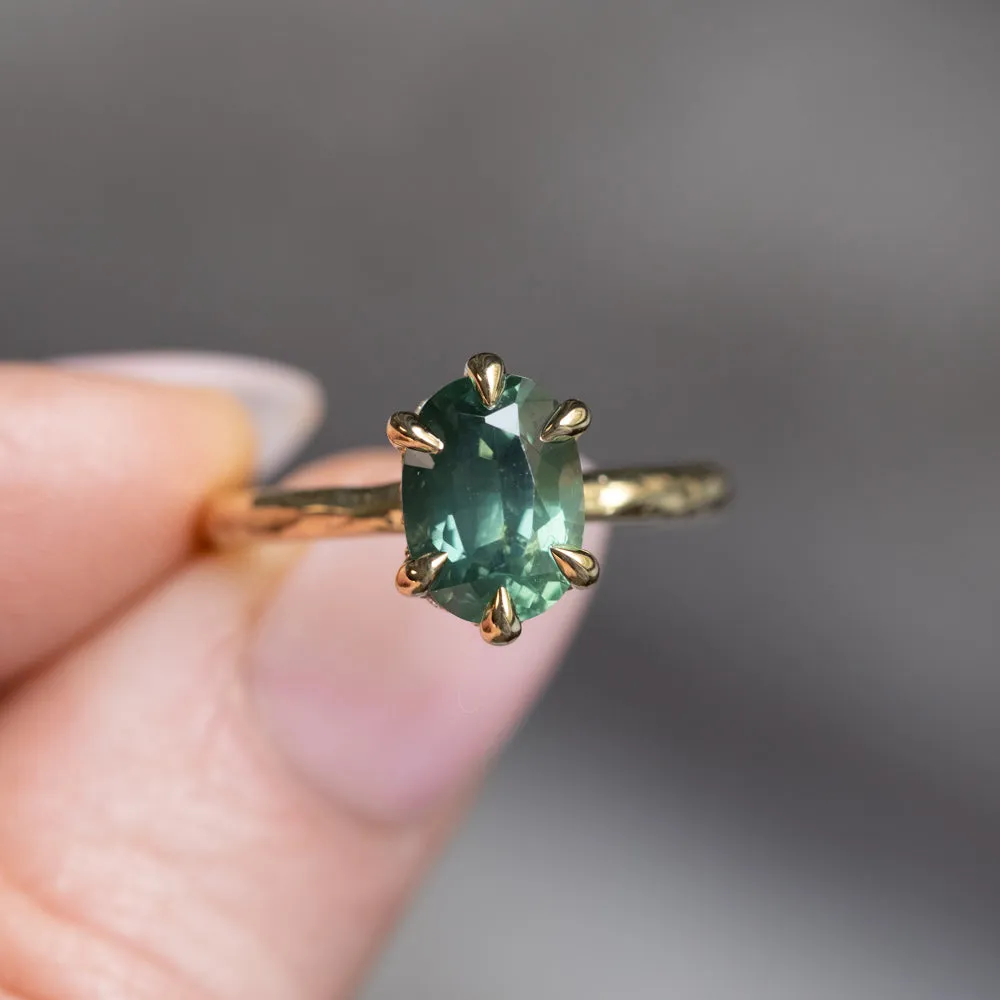 2.55ct Silky Teal Australian Oval Sapphire Six Prong Evergreen Hidden Halo Solitaire in 18k Yellow Gold