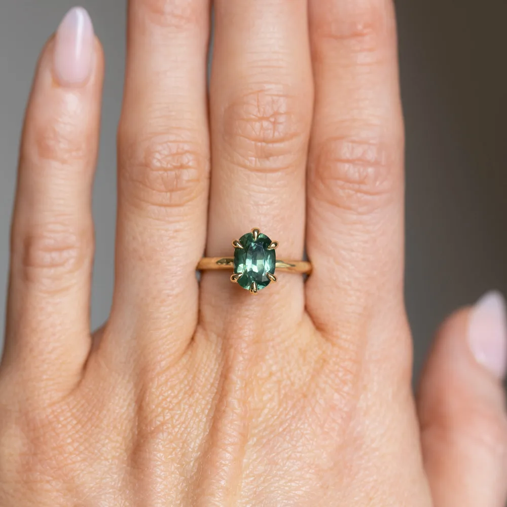 2.55ct Silky Teal Australian Oval Sapphire Six Prong Evergreen Hidden Halo Solitaire in 18k Yellow Gold