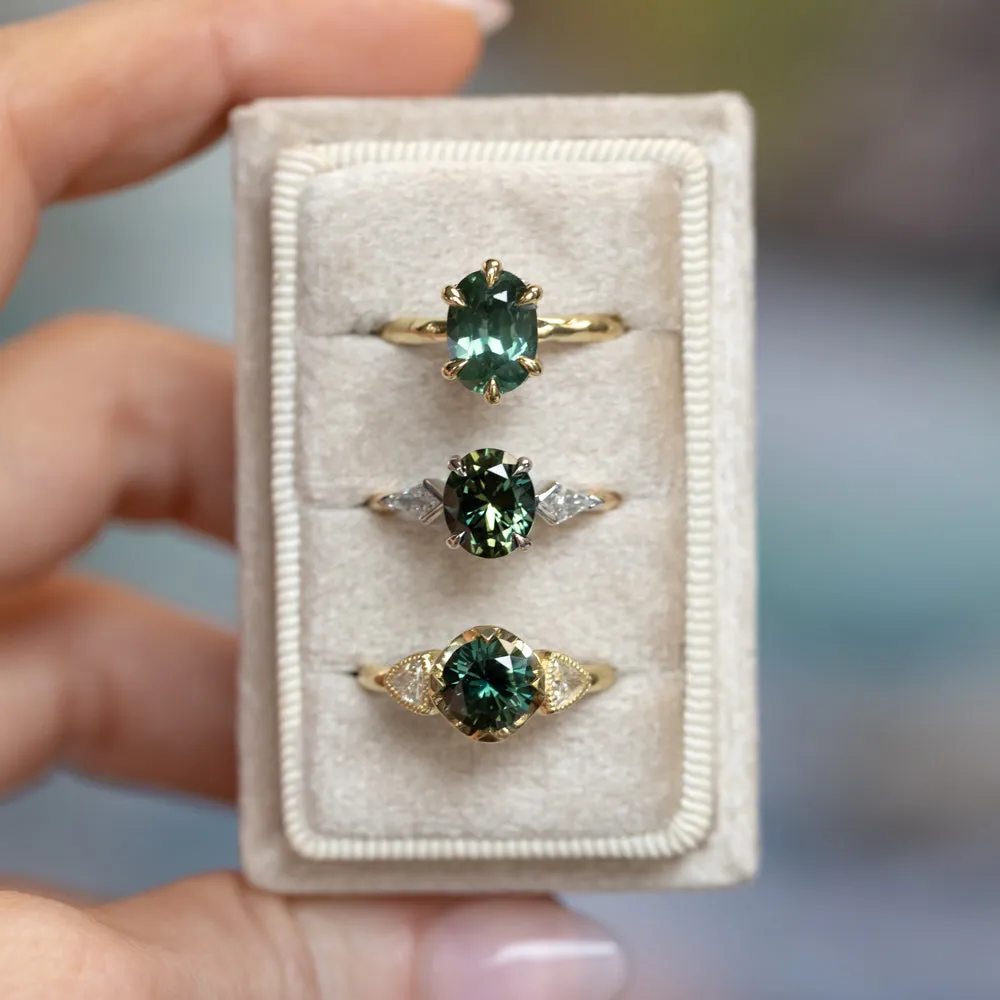 2.55ct Silky Teal Australian Oval Sapphire Six Prong Evergreen Hidden Halo Solitaire in 18k Yellow Gold