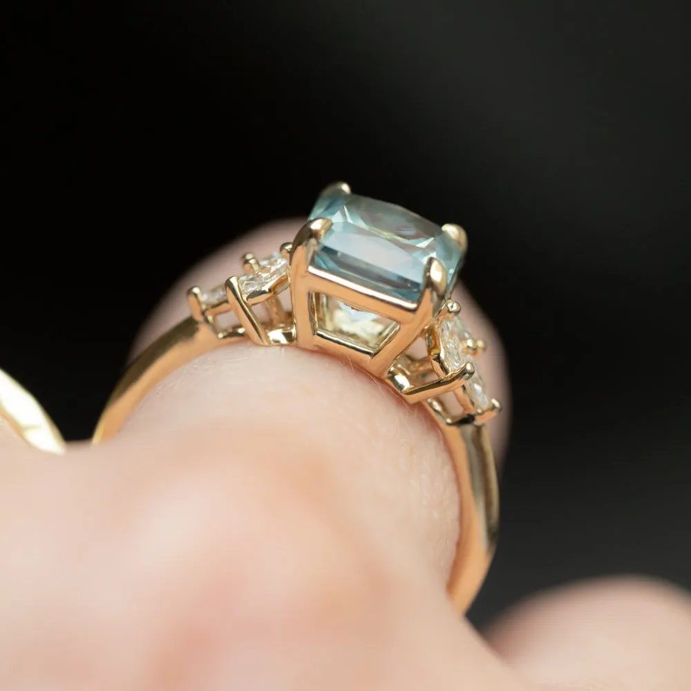 2.78ct Untreated Montana Sapphire Square Radiant Cut Marquise Diamond Cluster Ring in 14k Yellow Gold