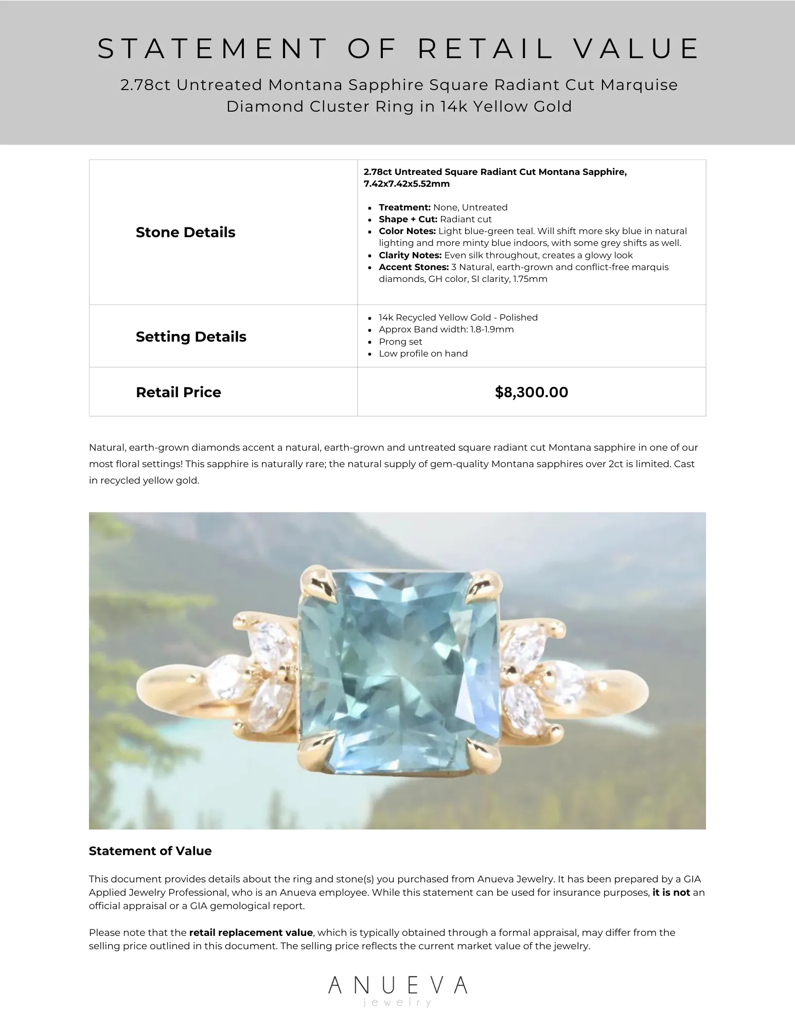 2.78ct Untreated Montana Sapphire Square Radiant Cut Marquise Diamond Cluster Ring in 14k Yellow Gold