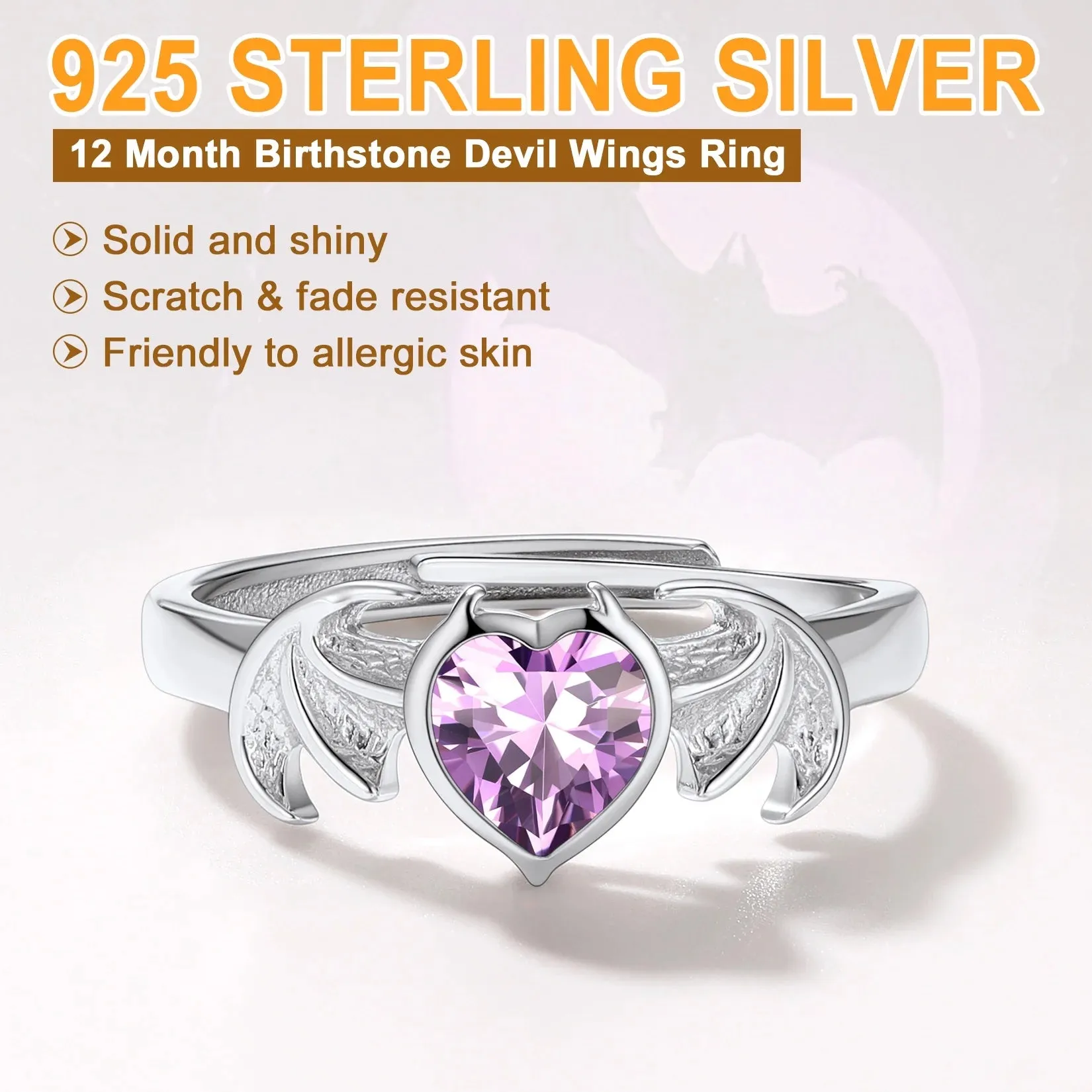 Adjustable 925 Silver Heart Bat Wing Promise Rings - Perfect June Birthstone Gift for Women This Valentine's Day