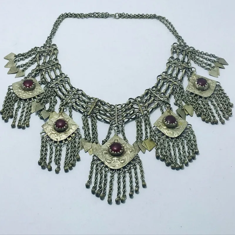 Antique Silver Kuchi Bib Necklace With Dangling Five Pendants