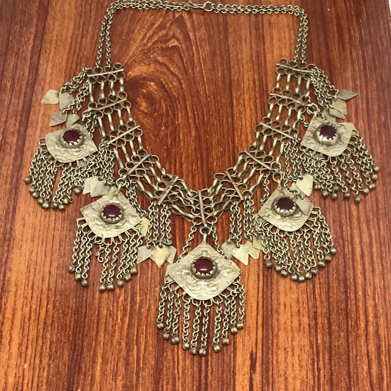 Antique Silver Kuchi Bib Necklace With Dangling Five Pendants