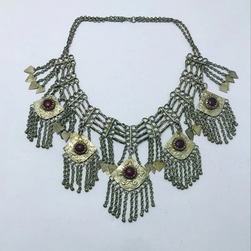 Antique Silver Kuchi Bib Necklace With Dangling Five Pendants
