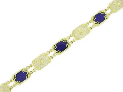 Art Deco Filigree Lapis Lazuli and Diamond Bracelet in 14 Karat Gold