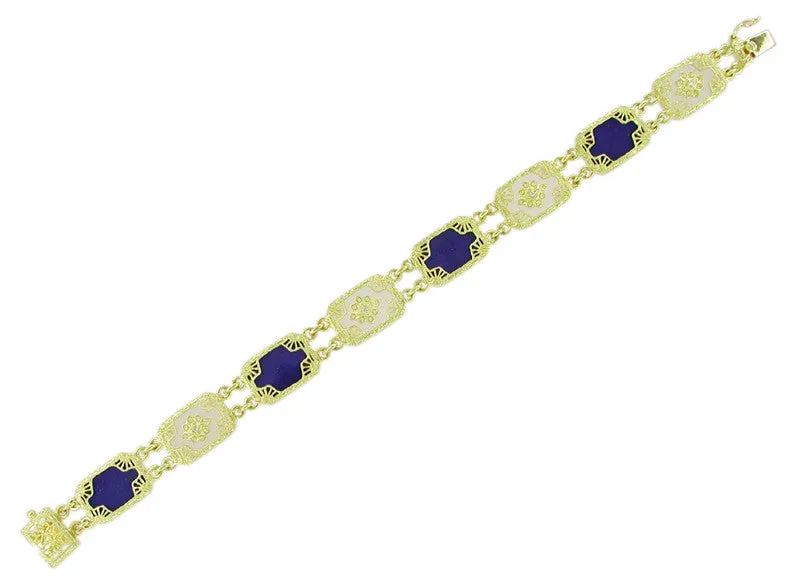 Art Deco Filigree Lapis Lazuli and Diamond Bracelet in 14 Karat Gold