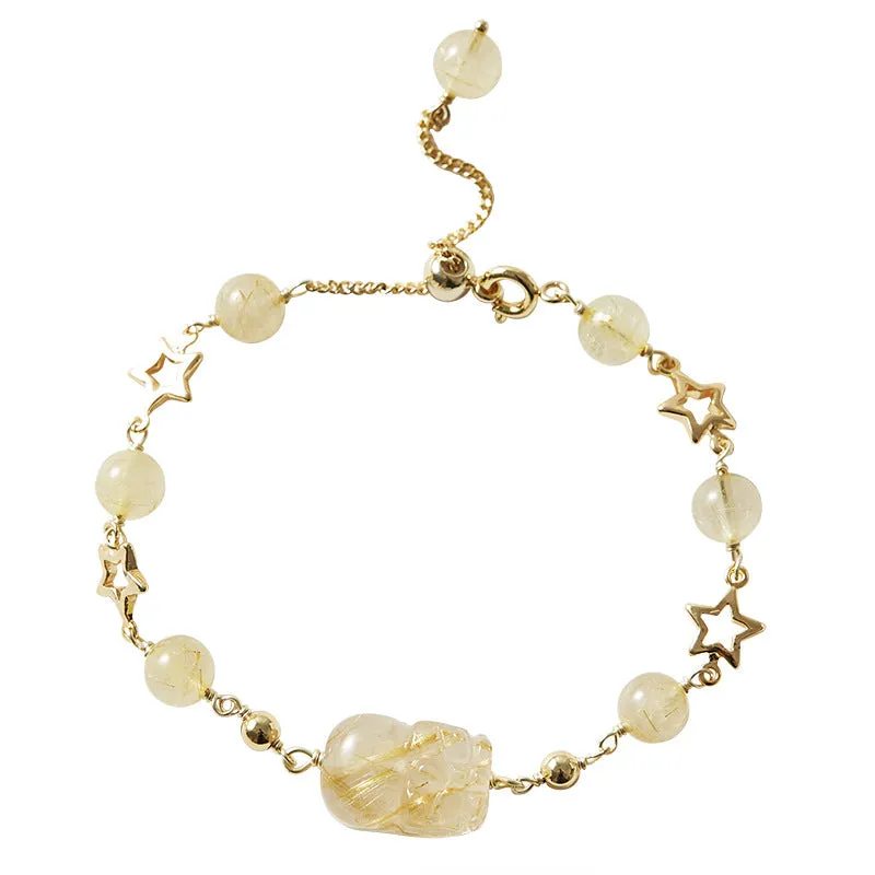 Attract Wealth with Golden Crystal Pixiu Bracelet for Girls - Unique Star Chain Design