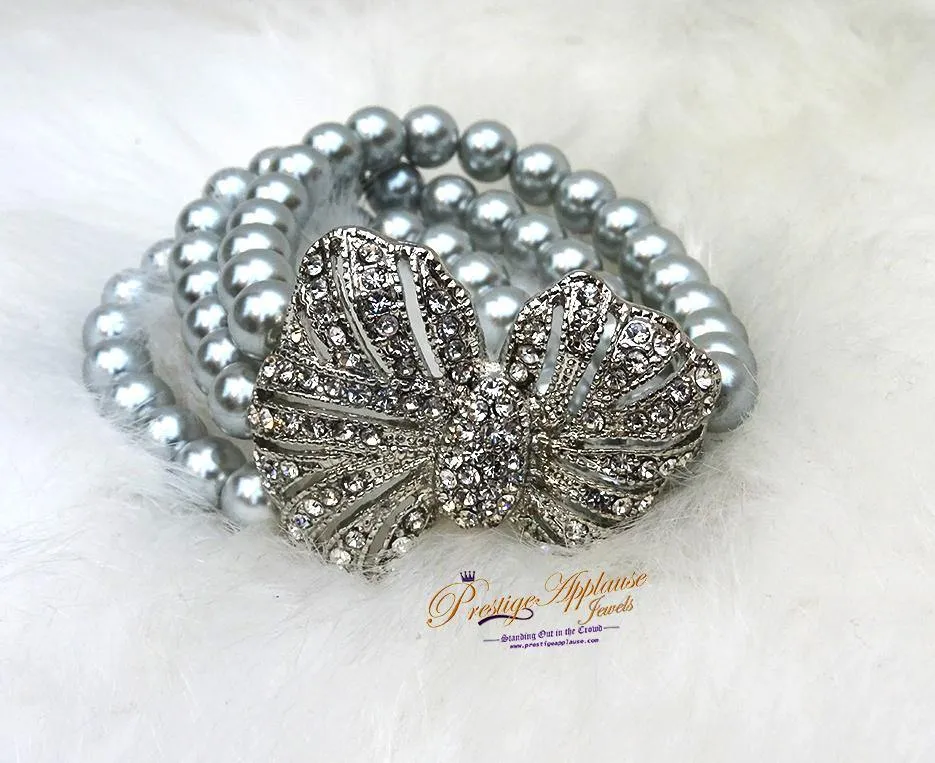 Beautiful Sterling Chrome Silver Pearl Three Layer New Trend Ladies Bracelet With Butterfly/Flower Jewellery Gift