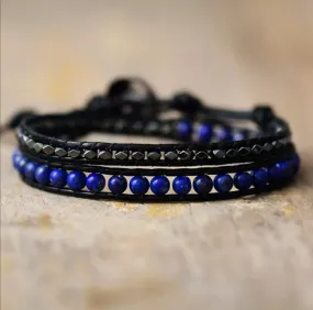 Blue Lapis Lazuli and Gunmetal Hematite 2X Leather Wrap Bracelet - For Him or Her