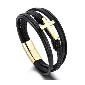 Braided Leather Magnetic Cross Bracelet (Circumference 23cm) 編織皮革磁扣十字架手鍊 (鍊長 23cm) (KJBR16074)