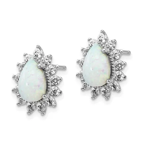 Cheryl M Sterling Silver CZ Pear Opal Halo Post Earrings