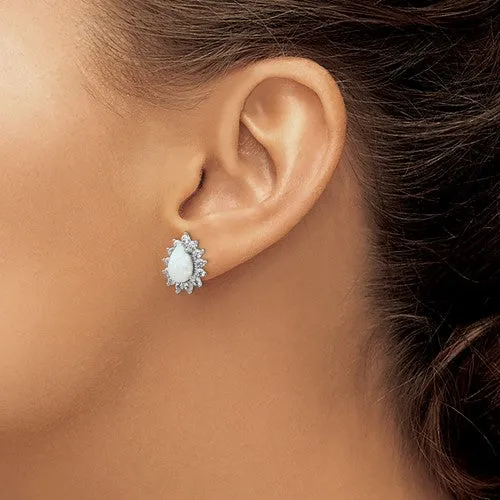 Cheryl M Sterling Silver CZ Pear Opal Halo Post Earrings