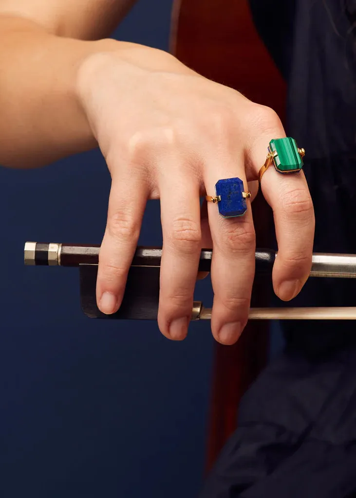 Deco Sandwich Ring in Yellow Gold with Lapis Lazuli and Chrysoprase