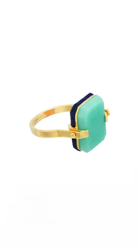 Deco Sandwich Ring in Yellow Gold with Lapis Lazuli and Chrysoprase