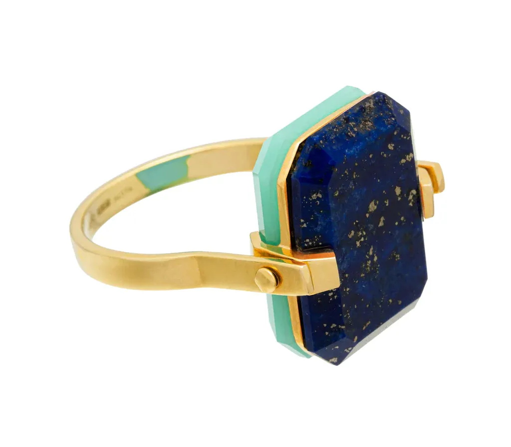 Deco Sandwich Ring in Yellow Gold with Lapis Lazuli and Chrysoprase