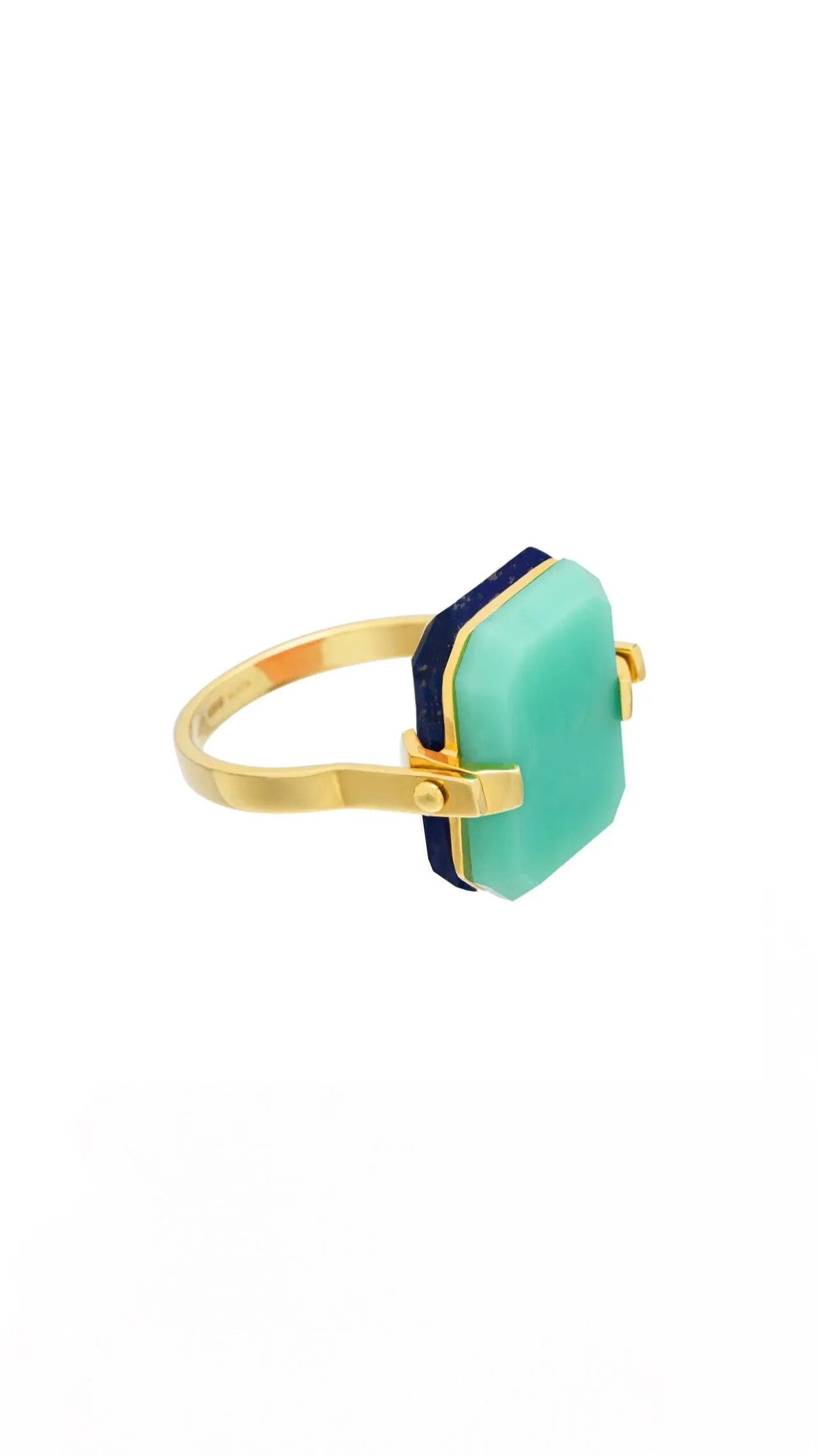 Deco Sandwich Ring in Yellow Gold with Lapis Lazuli and Chrysoprase