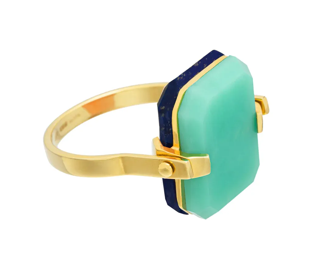 Deco Sandwich Ring in Yellow Gold with Lapis Lazuli and Chrysoprase