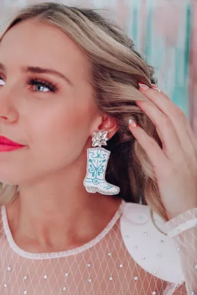 Dolly Beaded Cowboy Boot Earrings By Taylor Shaye - Turquoise/White