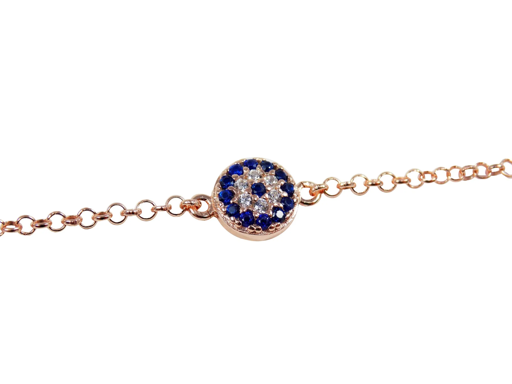 Evil Eye Chain Bracelet Sterling Silver Turkish Little Round Charm Cubic Zirconia