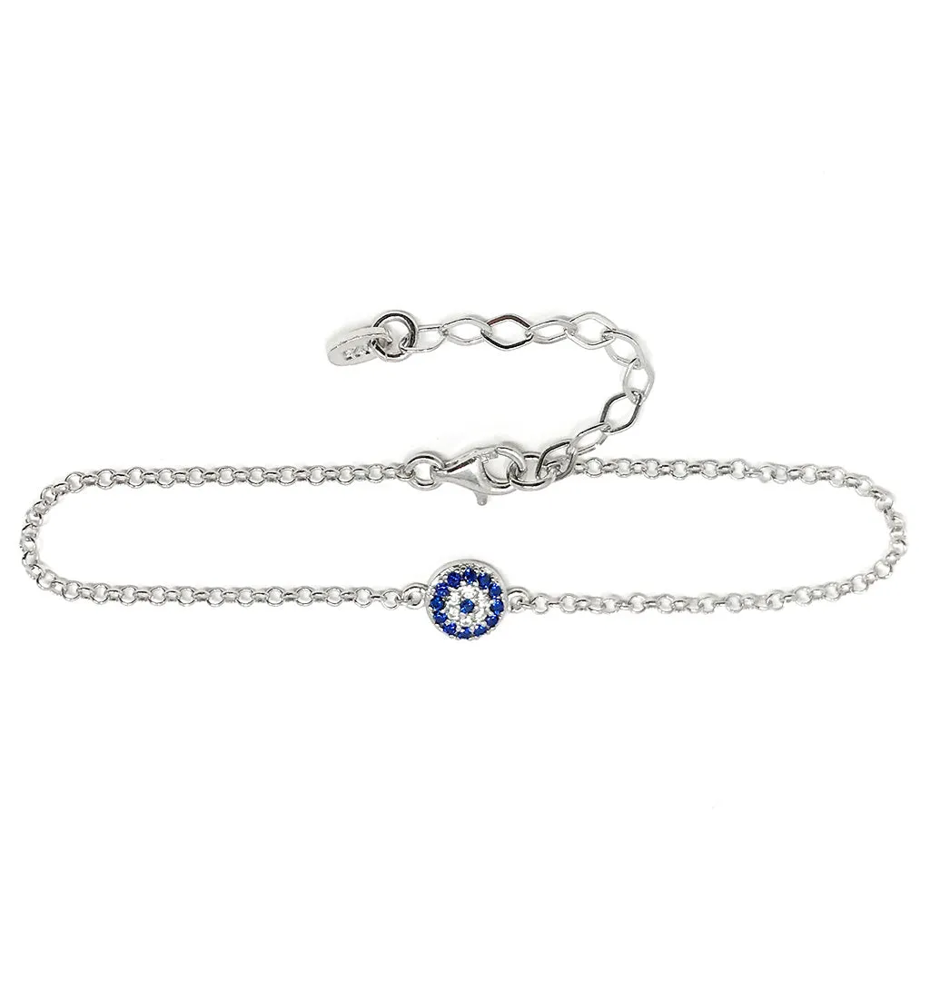 Evil Eye Chain Bracelet Sterling Silver Turkish Little Round Charm Cubic Zirconia